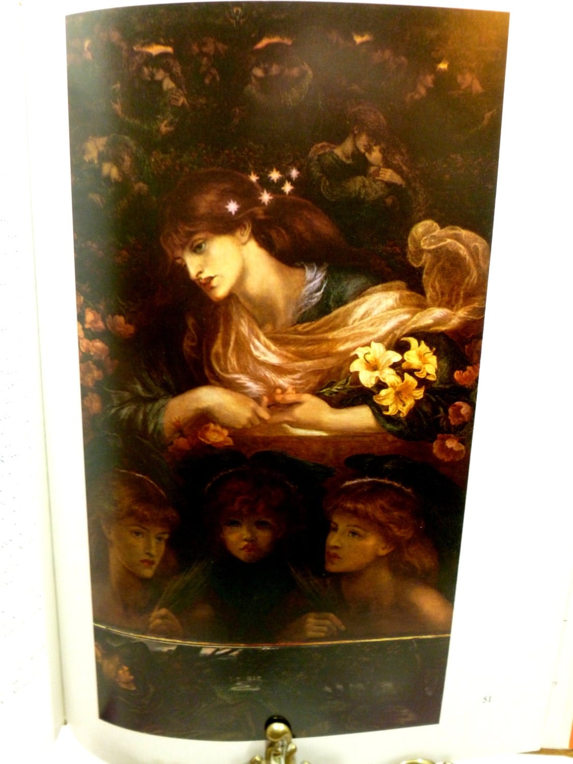 Pages from Magnificent Dreams vintage hardback book about Burne Jones and The Victorian Pre Raphaelites showing a photographic image of a pre-raphaelite painting.