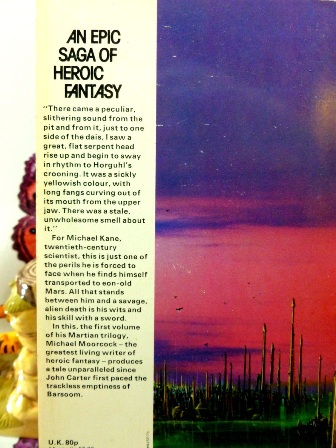 Back cover showing text blurb for Michael Moorcock Vintage Sci Fi Paperback Book 1970s City of the Beast Warriors of Mars Martian Trilogy: There came a peculiar slithering sound from the pit...