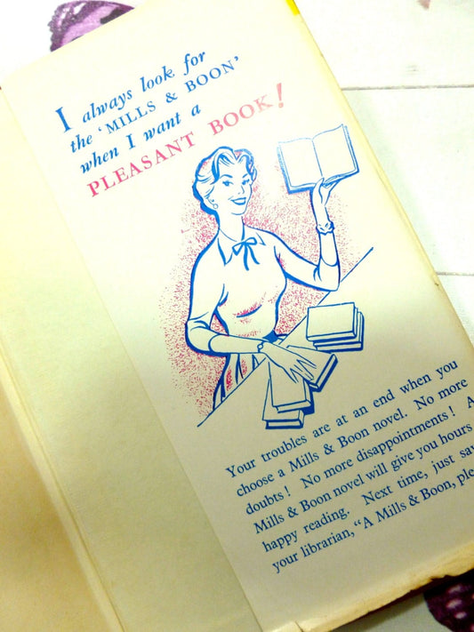 Blurb from Vintage Hardback Mills and Boon Romance showing illustrated advert for Mills and Boon in vintage book The Man at Mulera by Mary Kathryn Blair 1959.