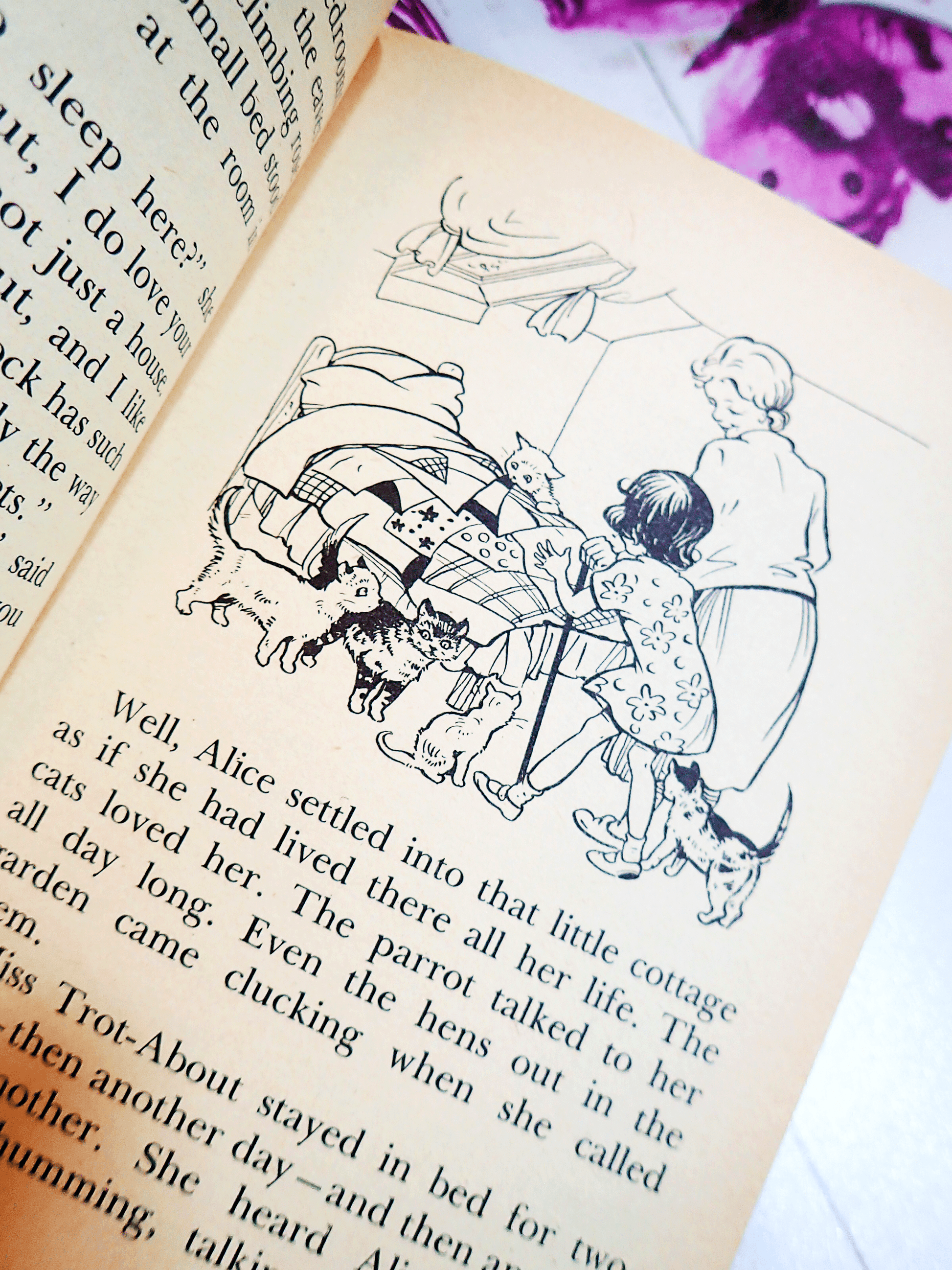 Illustration from Mr Pinkwhistles Party by Enid Blyton Vintage Children's book 1970's Hardback Bedtime Stories showing lots of cats around a bed with a patchwork cover.