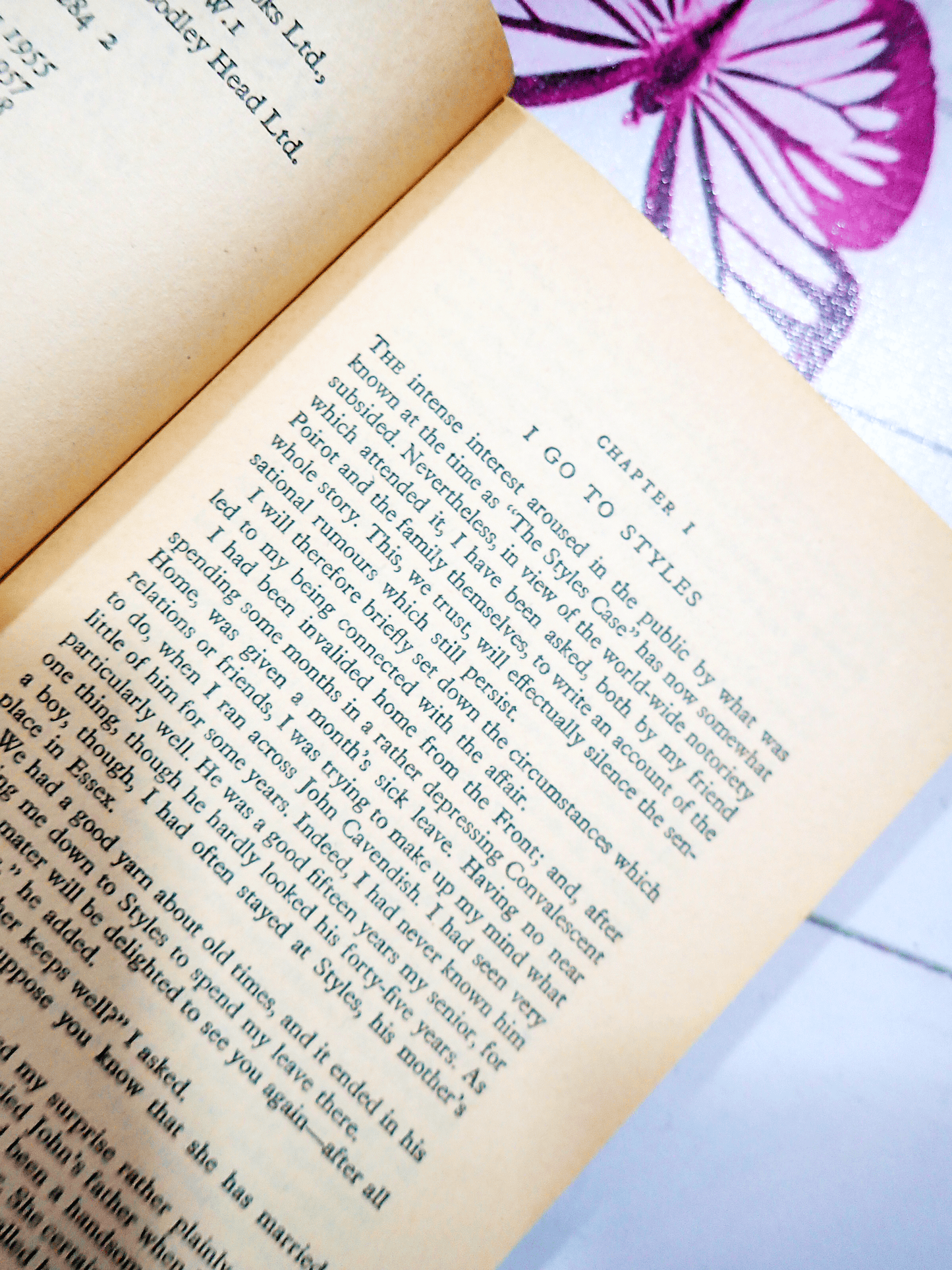 Pages of Agatha Christie's book The Mysterious Affair at Style, Vintage Pan Paperback, showing the first page: 'Chapter 1. I go to Styles...'
