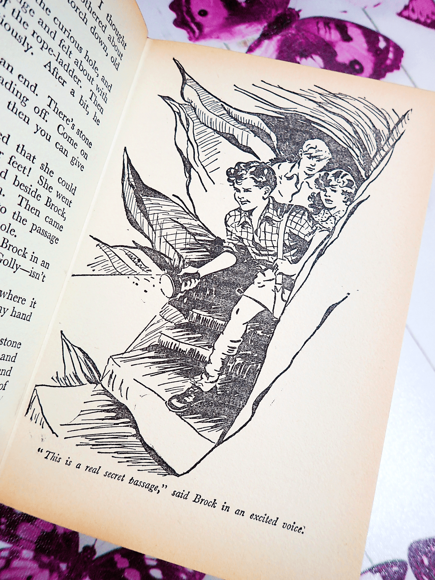 Illustration from Mystery Stories by Enid Blyton Vintage Children's Book Smuggler Ben Secret Cliff Castle 1960's showing three children in a secret passage.