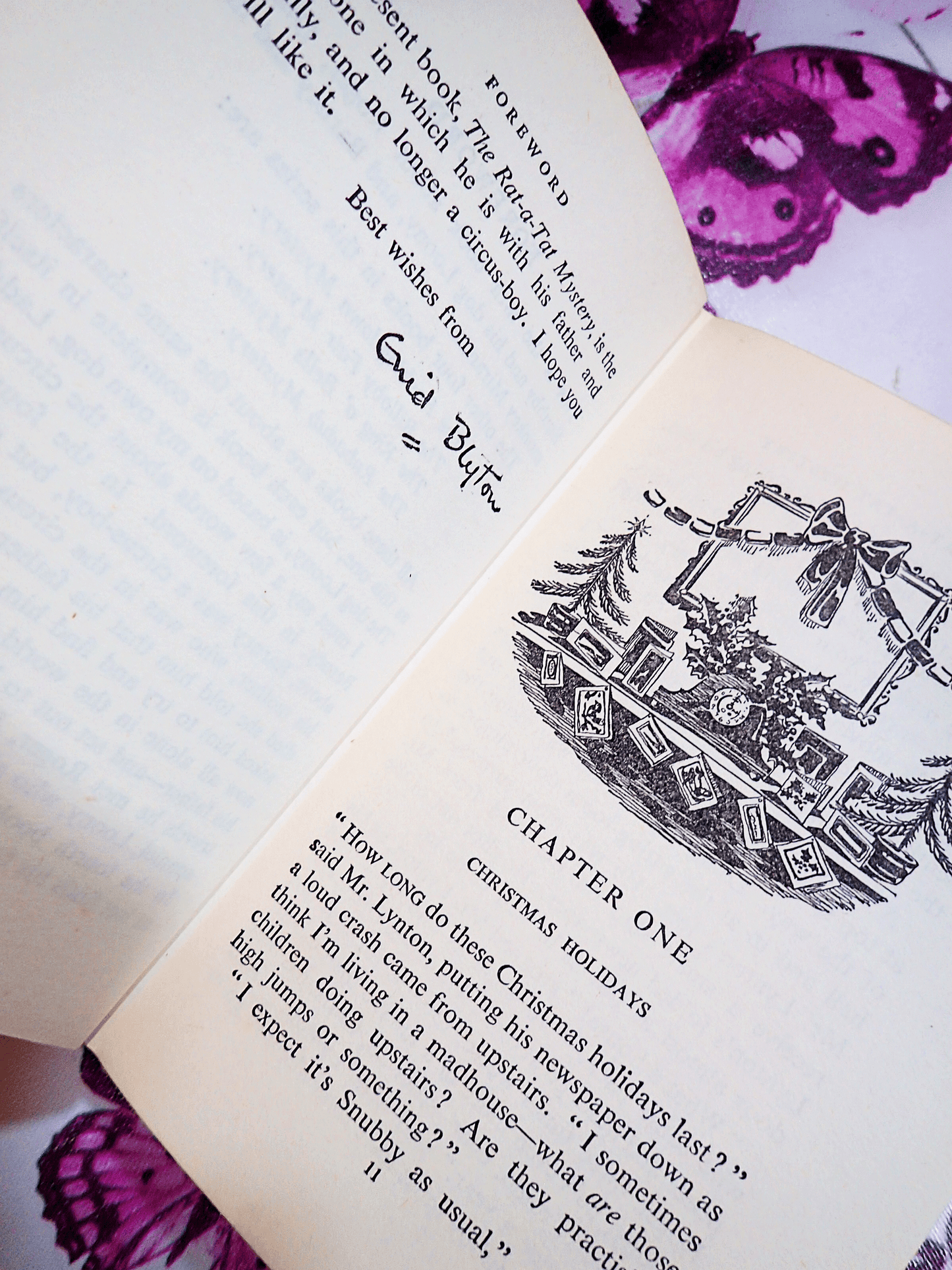 Page showing First Chapter of The Rat-A-Tat Mystery by Enid Blyton Vintage Children's Book Collins First Edition 2nd Imp. with text: "How long do these Christmas holidays..."