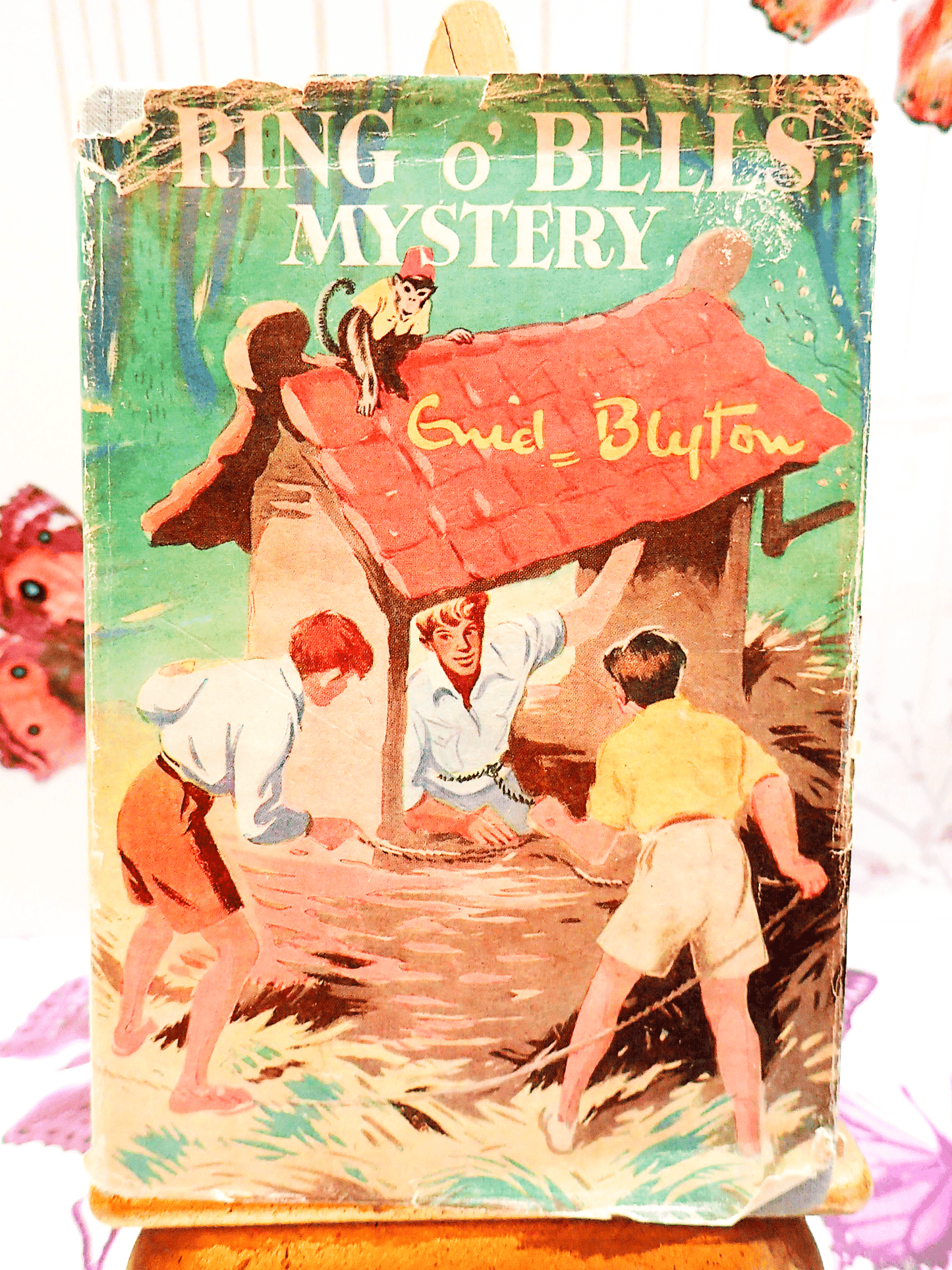 Front cover of Ring O Bells Mystery Enid Blyton Vintage Children's Book Mystery Series First Edition 1951 showing three boys and a monkey