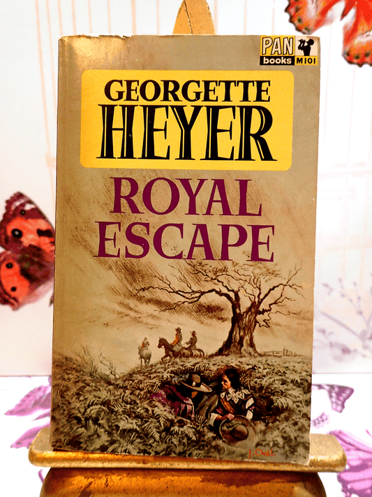 Men in Cavalier dress hiding on Front Cover of Royal Escape Georgette Heyer Vintage Pan 1960's