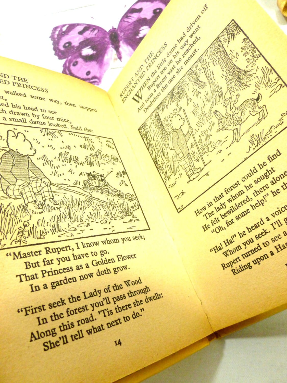 Black and white pages showing Rupert and the gnome in Rupert and the Enchanted Princess Mary Tourtel Little Bear Library number 3 1970s Vintage Hardback Rupert Book First Edition.