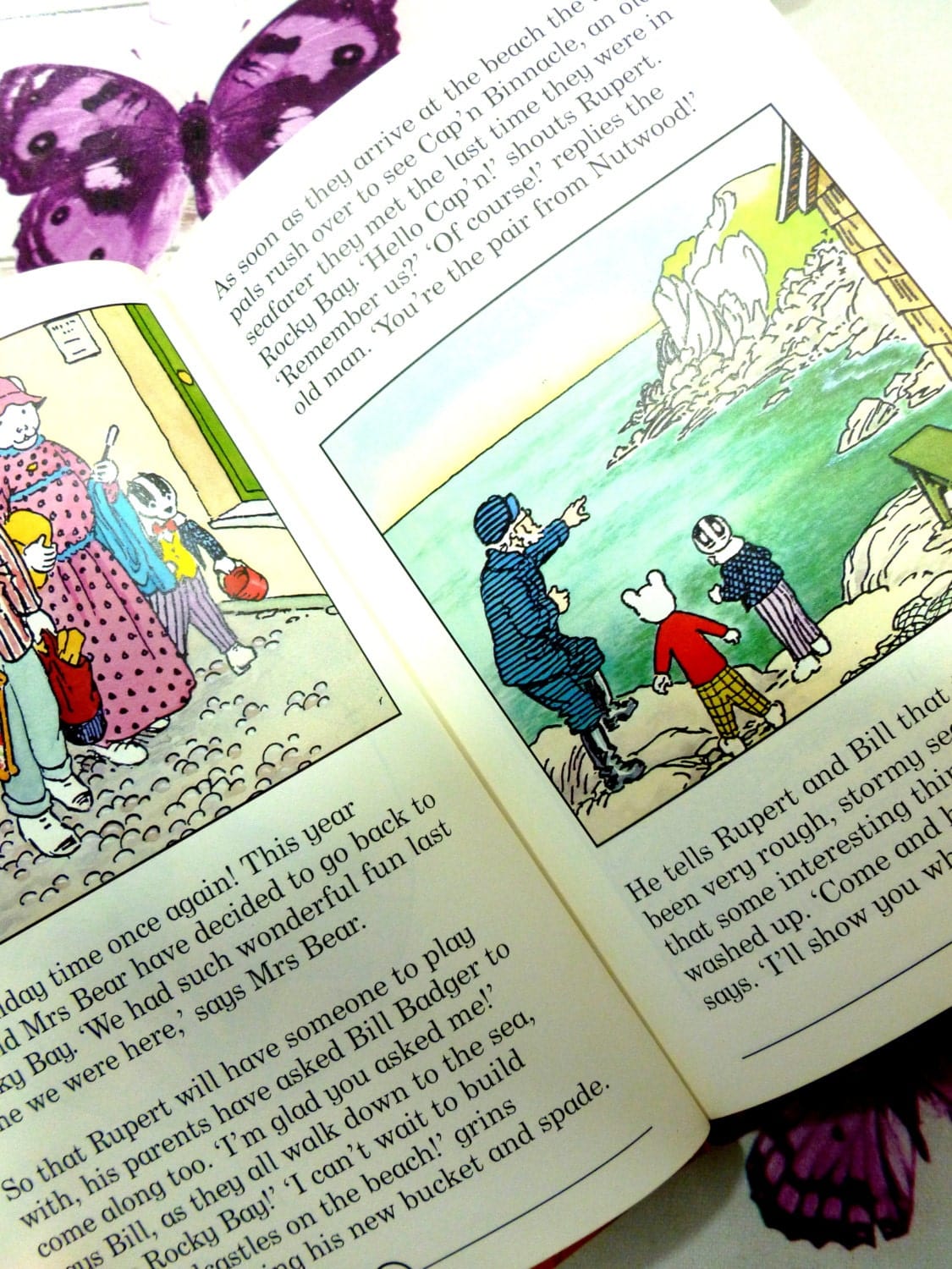 Front cover of Rupert and the Popweed Vintage Hardback Rupert Book 1st Ed 1991 showing Rupert and Bill and the fisherman.