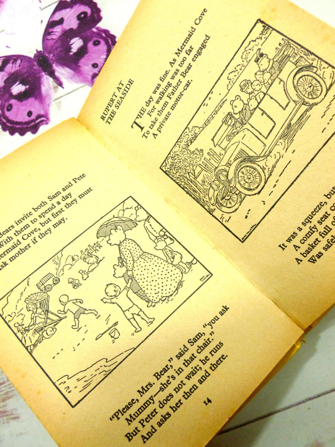 Pages from Rupert the Bear vintage Book showing Rupert and his family going in a car to the seaside.