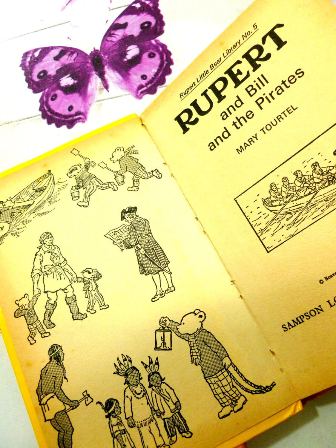 Endpapers and title page of vintage book showing Rupert Bill and the Pirates Mary Tourtel Little Bear Library number 5 1970s Vintage Hardback Rupert Book 1st Ed
