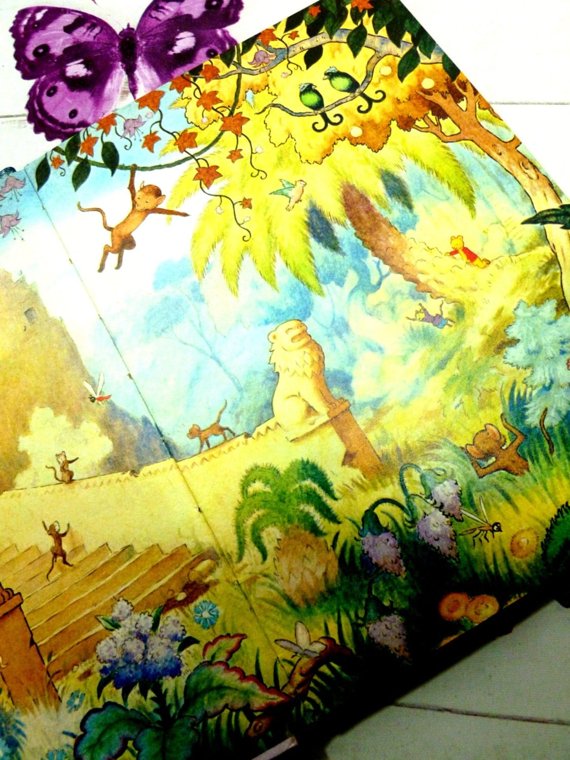 Vintage Rupert the Bear Annual 1979 with decorated endpapers showing jungle scene and monkeys. Rupert Childrens Book 1970's