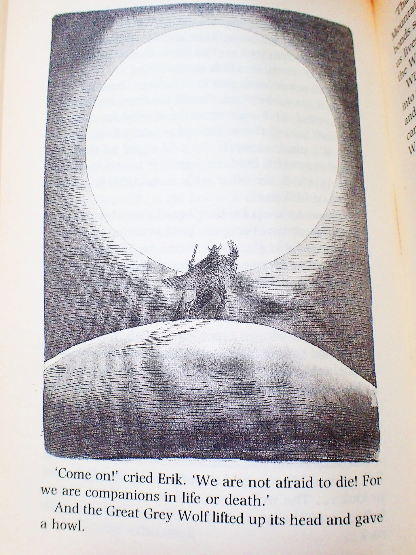 Page of The Saga of Erik the Viking by Terry Jones Vintage Puffin Children's Book 1988 showing a grayscale image of a Viking against a sunset.