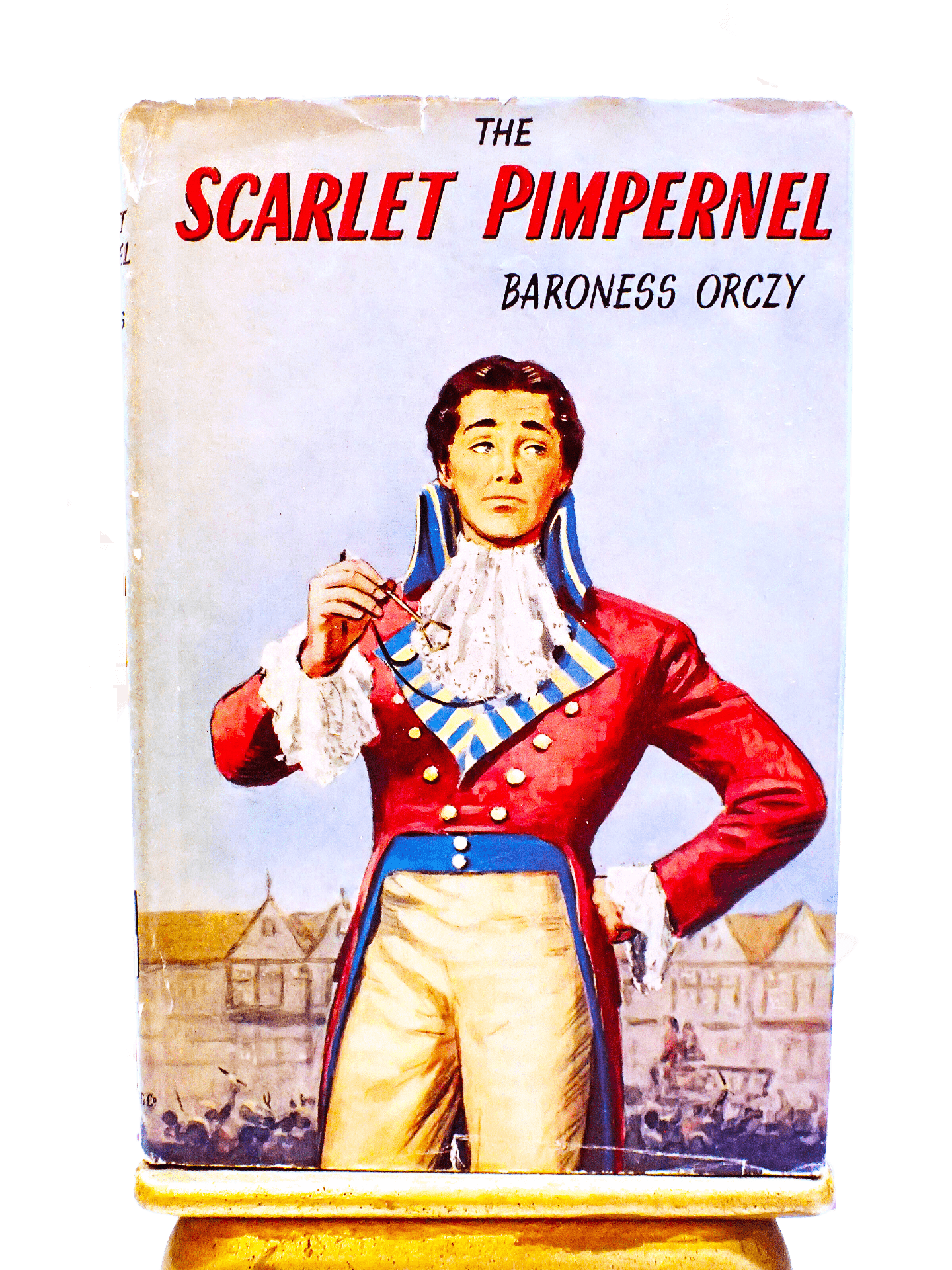Front Cover of The Scarlet Pimpernel by Baroness Orczy Thrilling Romance Classic 1940's Vintage Book showing Sir Percy Blakeney looking foppish.