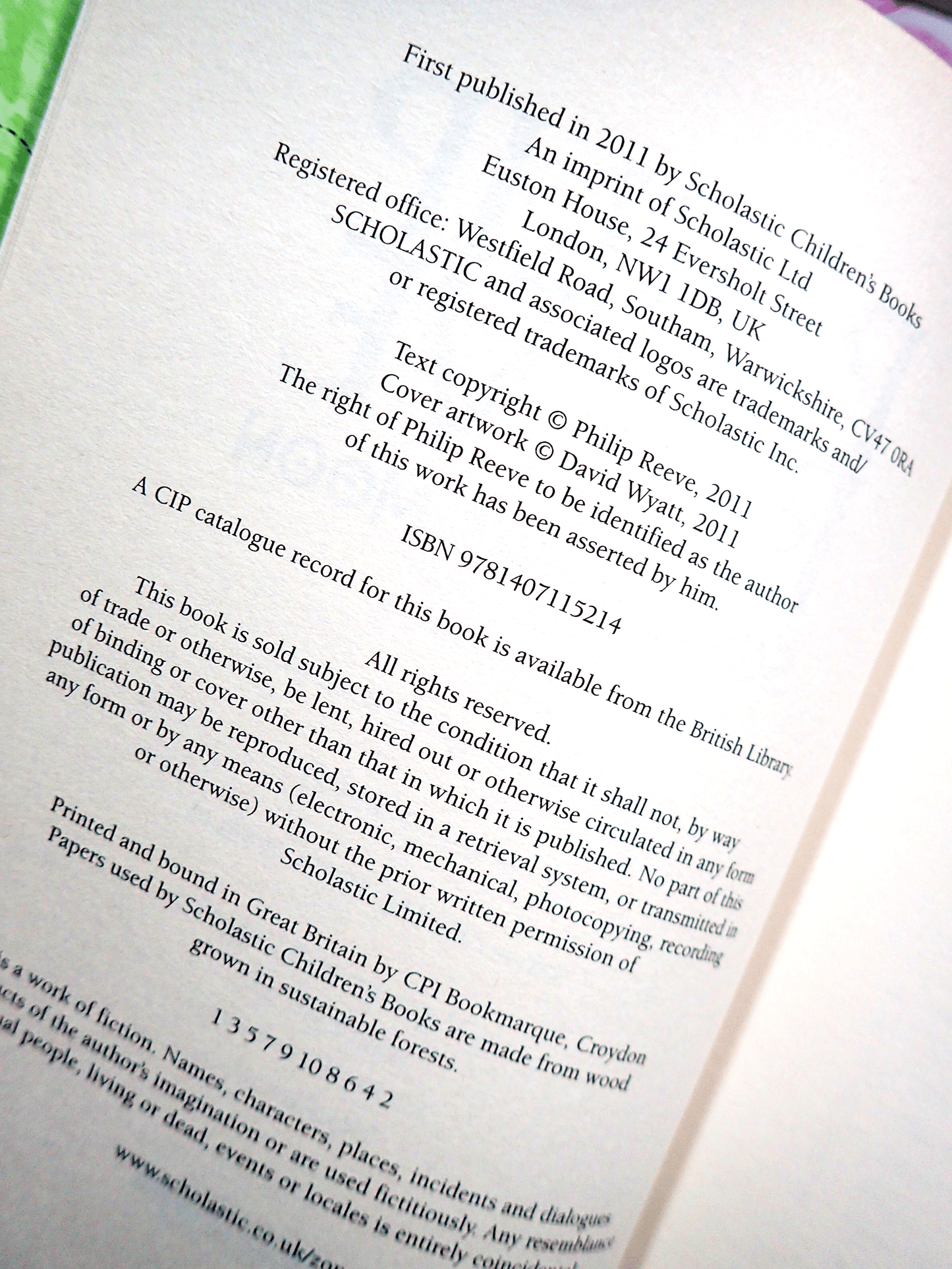 Page showing Publication info of Scriveners Moon Philip Reeve Signed Book Limited First Edition Mortal Engines Sci Fi