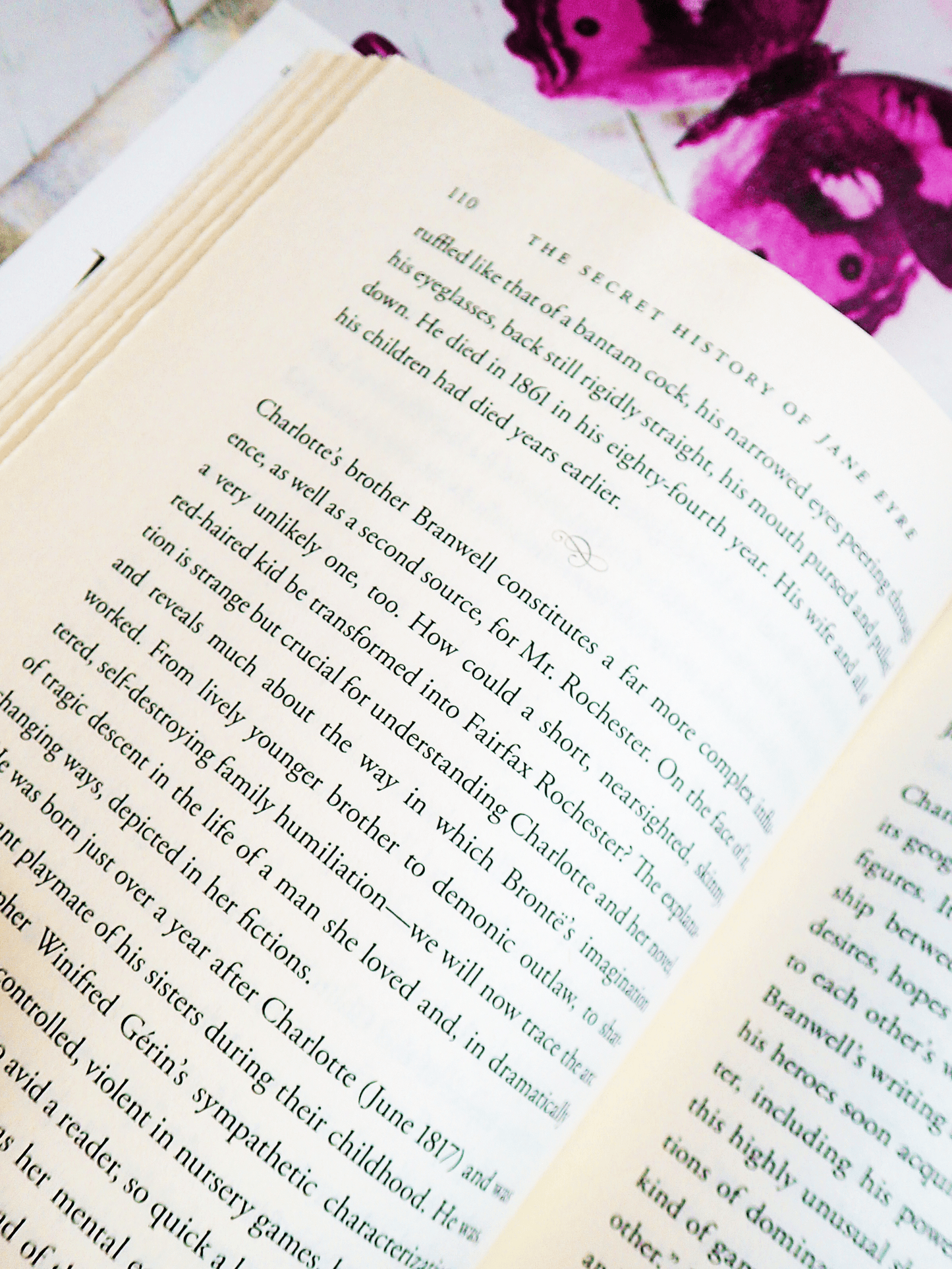 Pages of The Secret History of Jane Eyre John Pfordresher Vintage Hardback First Edition showing text: Charlotte's brother Branwell...
