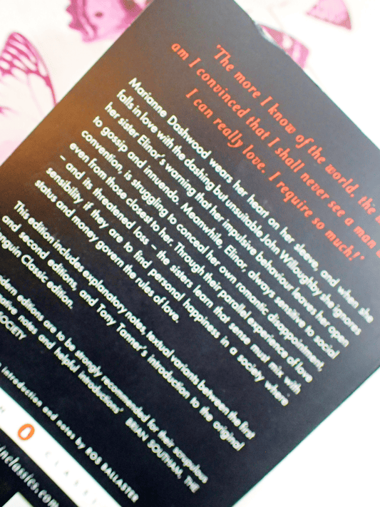 Back cover of paperback book Penguin Classics Sense and Sensibility Jane Austen showing text: The more I know of the world, the more am I convinced...
