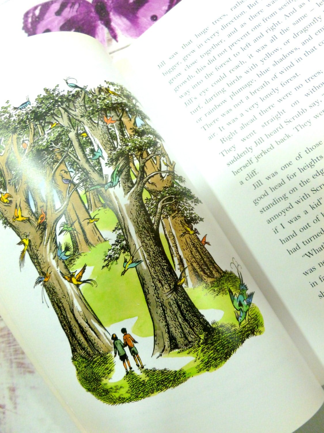 Jill and Eustace in the forest with trees and exotic birds. Illustration from C.S. Lewis 'The Silver Chair', vintage children's book.