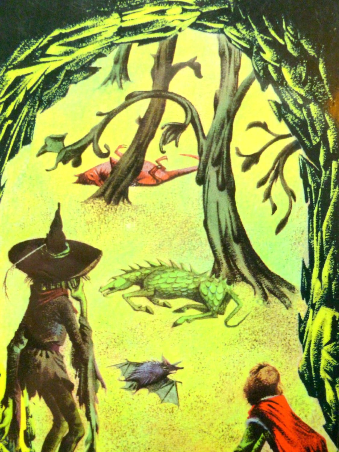 Two strange dragon like creatures and a bat in a cave with character Puddleglum. Illustration from C.S. Lewis 'The Silver Chair', vintage children's book.