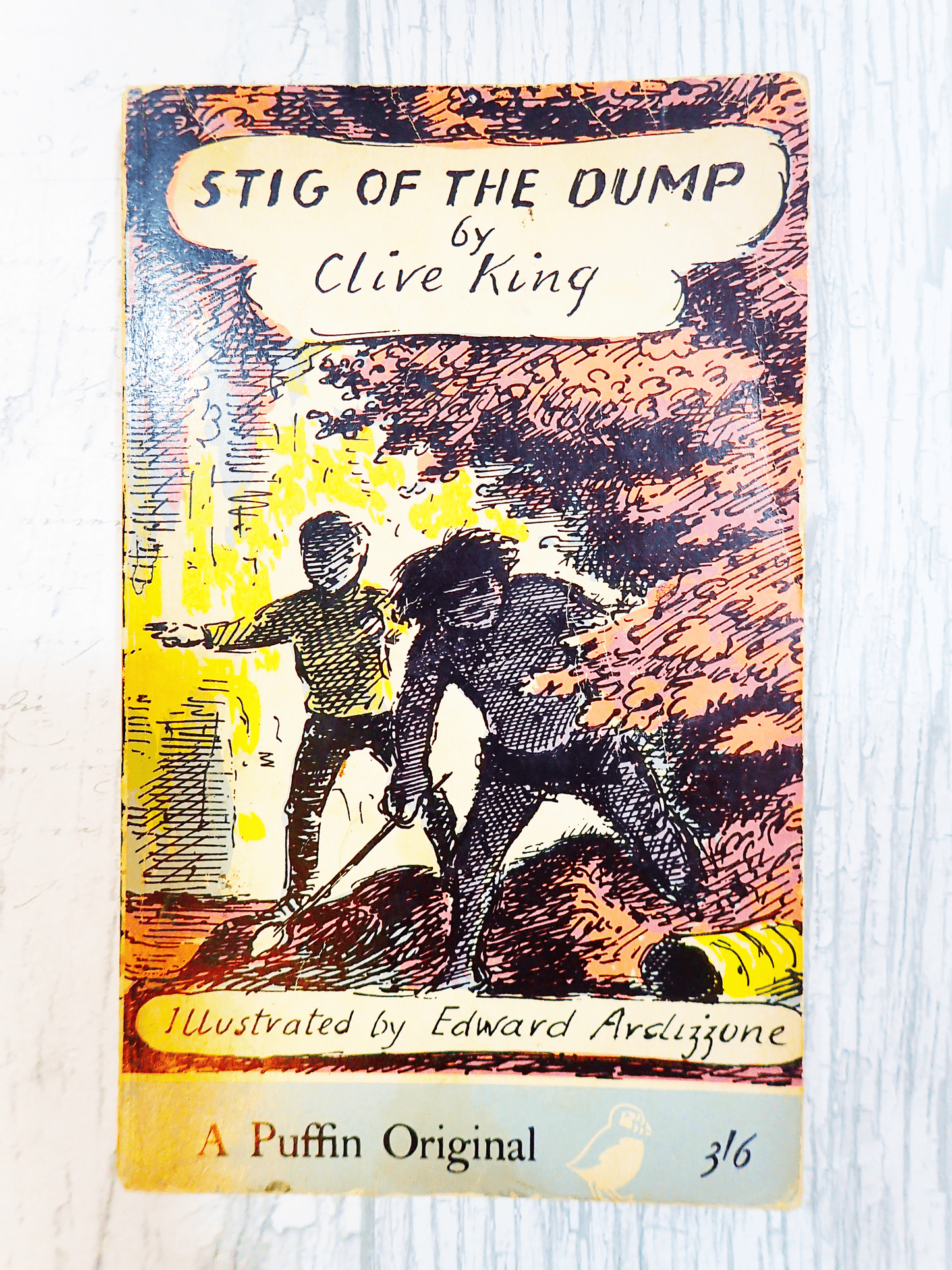 Front cover of Vintage children's classic paperback book Stig of the Dump by Clive King showing Stig and his friend Barney in the rubbish dump against a light background.