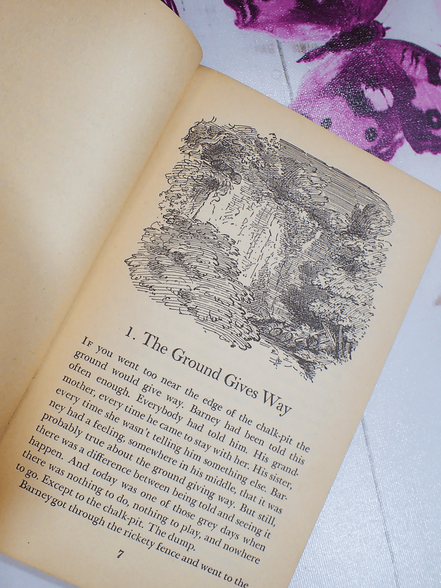 First page of Vintage children's classic paperback book Stig of the Dump by Clive King showing the ground giving way.