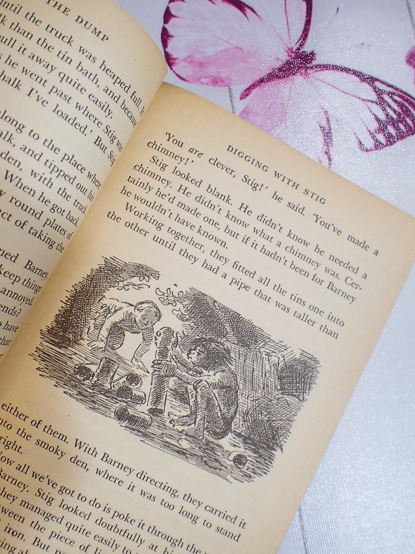 Page of Vintage children's classic paperback book Stig of the Dump by Clive King showing Stig and his friend Barney in the rubbish dump making a chimney.
