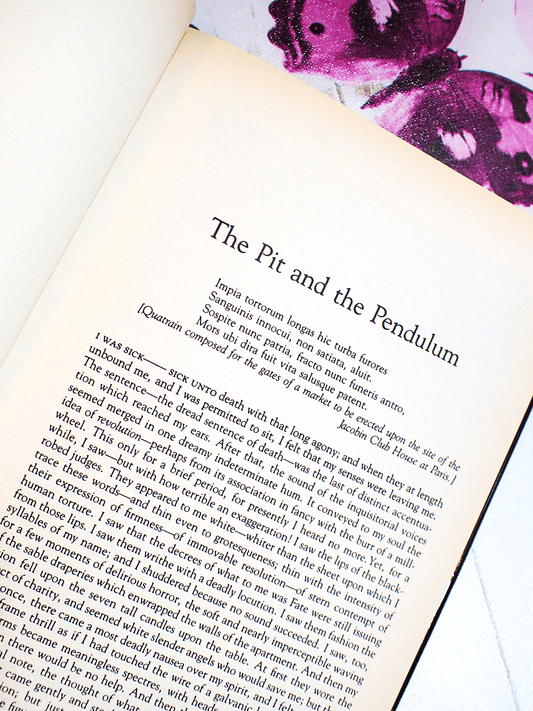 Page of Tales of Mystery and Imagination Edgar Allan Poe Vintage Book 1980's showing text: The Pit and the Pendulum...