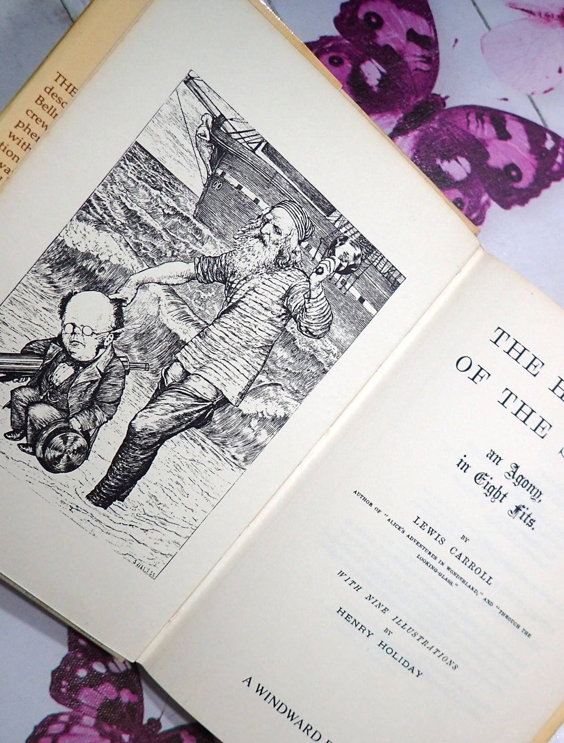 Frontispiece illustration and title page of Vintage book 'The Hunting of the Snark' by Lewis Carroll first edition facsimile