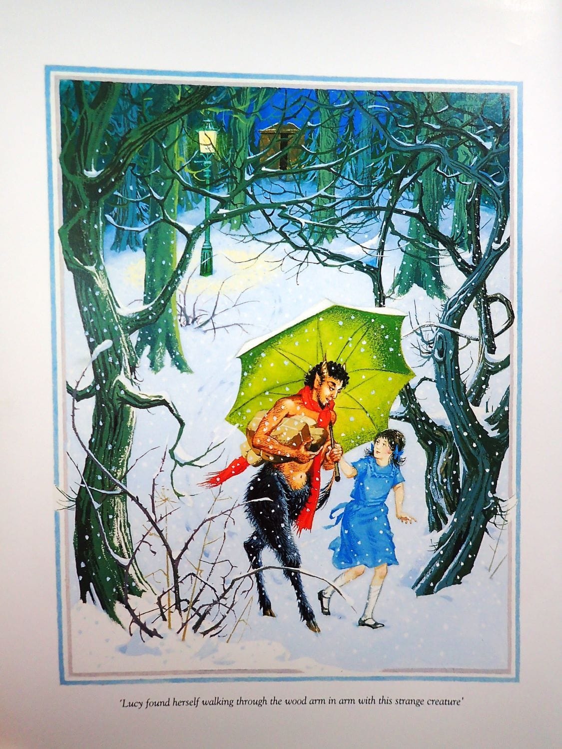 Mr Tumnus and Lucy illustration by Pauline Baynes in The Lion, the Witch and the Wardrobe by C. S. Lewis vintage  children's book first edition thus