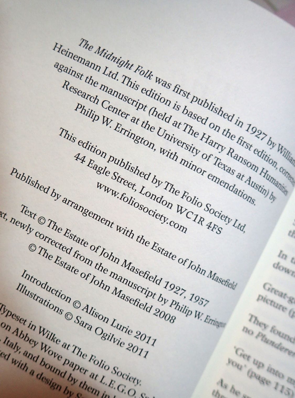 Publication details of The Midnight Folk John Masefield Folio First Edition Book with illustrated cover and slipcase.