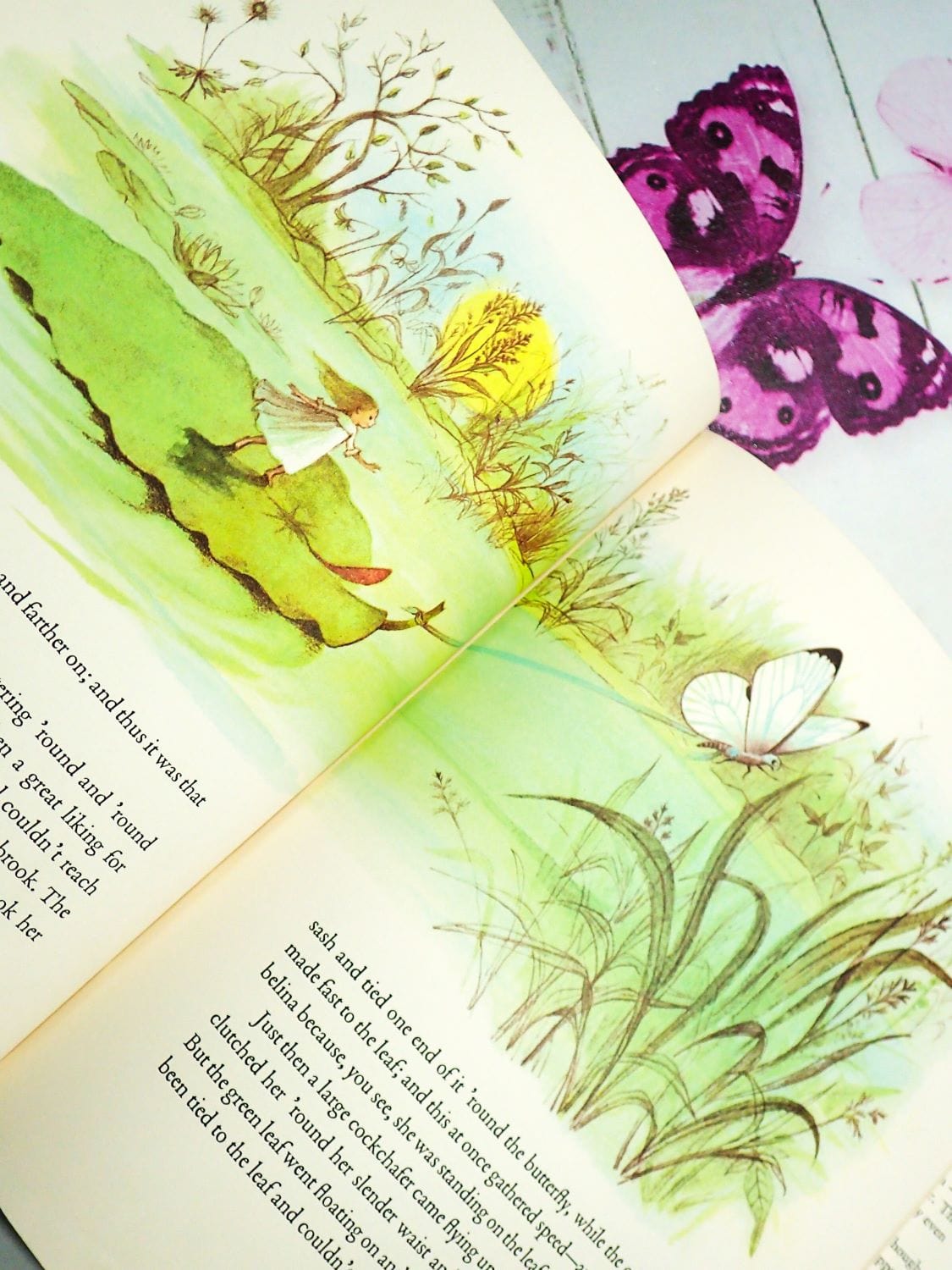 Thumbelina on a lilypad inVintage Children's Book Thumbelina Hans Christian Andersen Fairytale illus. Adrienne Adams