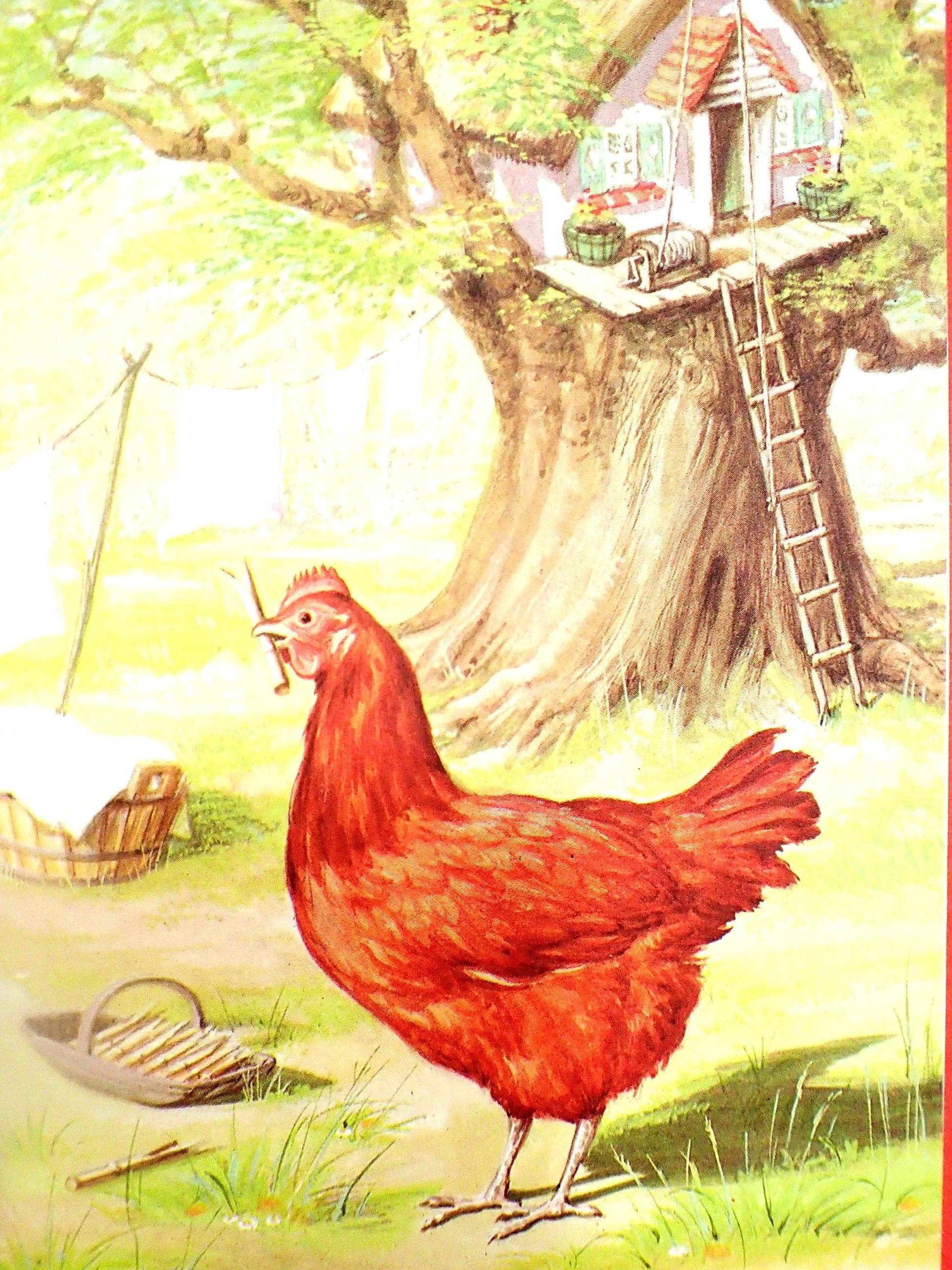 The little red hen in front of her tree house in the country.