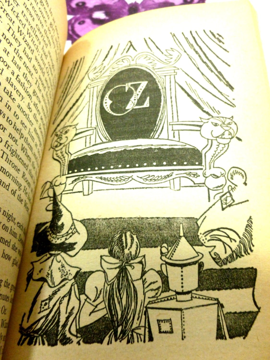 Dorothy and her friends preparing to meet the Wizard of Oz line drawn illustration showing them in front of the Wizard of Oz's chair.