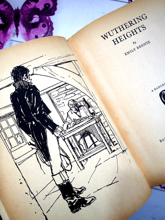 Page of Wuthering Heights Emily Bronte Bancroft Classics showing a man in tailcoat and boots with a whip.