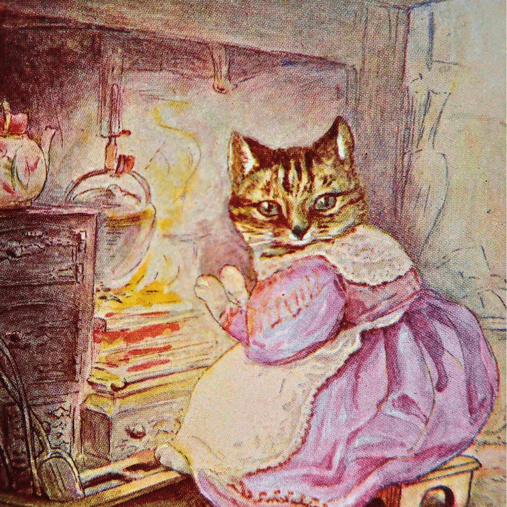 Beatrix Potter First Edition Illustration of a tabby cat next to a stove.