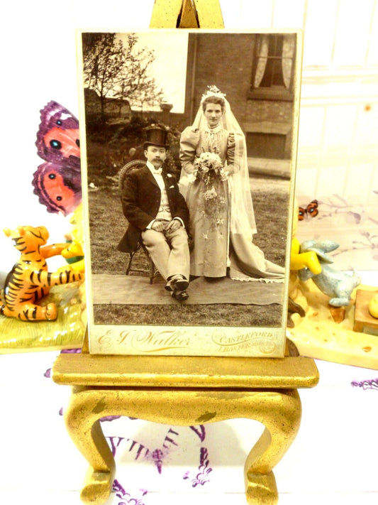 Antique Wedding Photo Bride and Groom Victorian Cabinet Card Gorgeous Wedding Dress and Veil 1890s