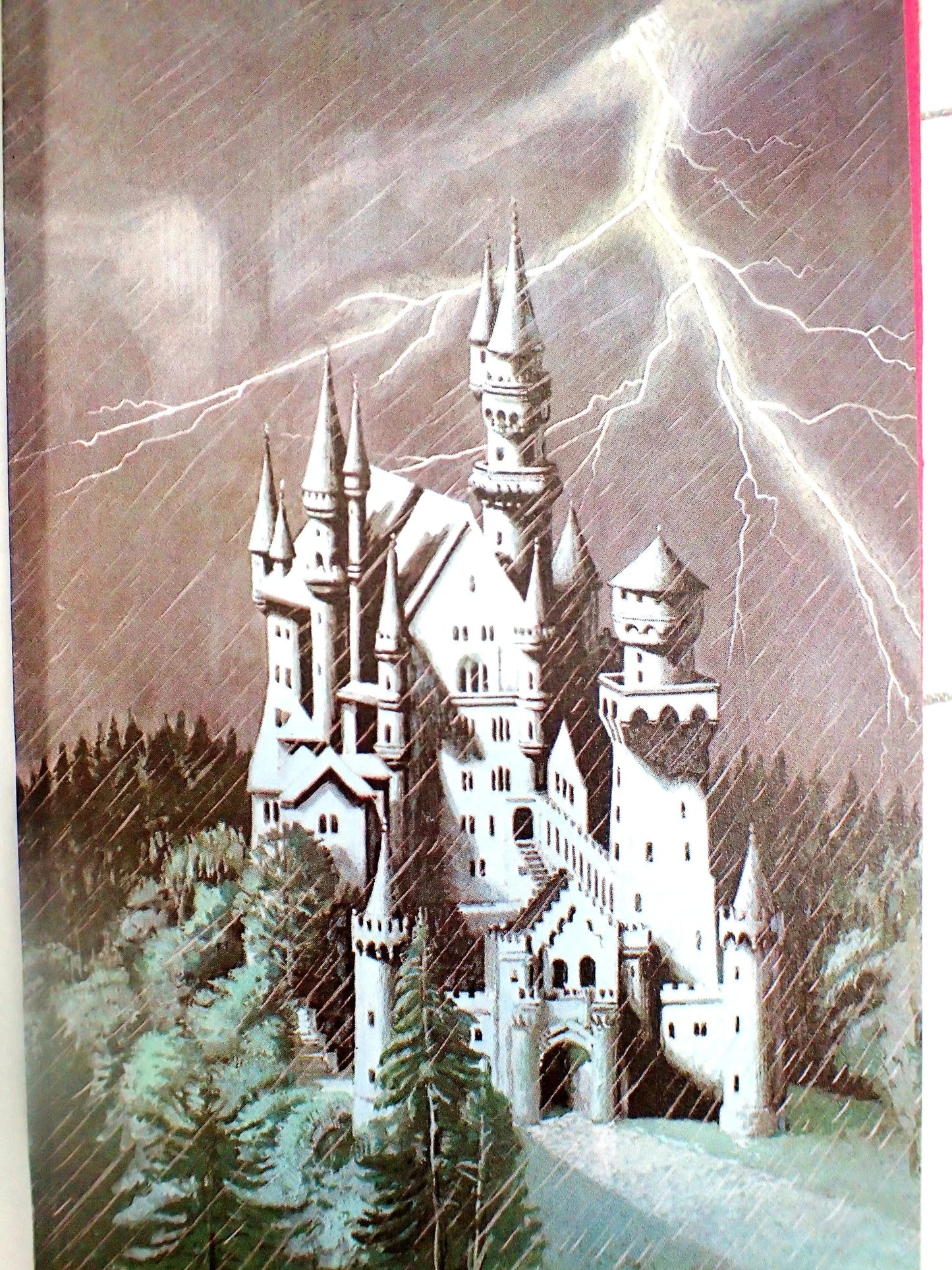 Fairytale Castle in a storm with lightning. 