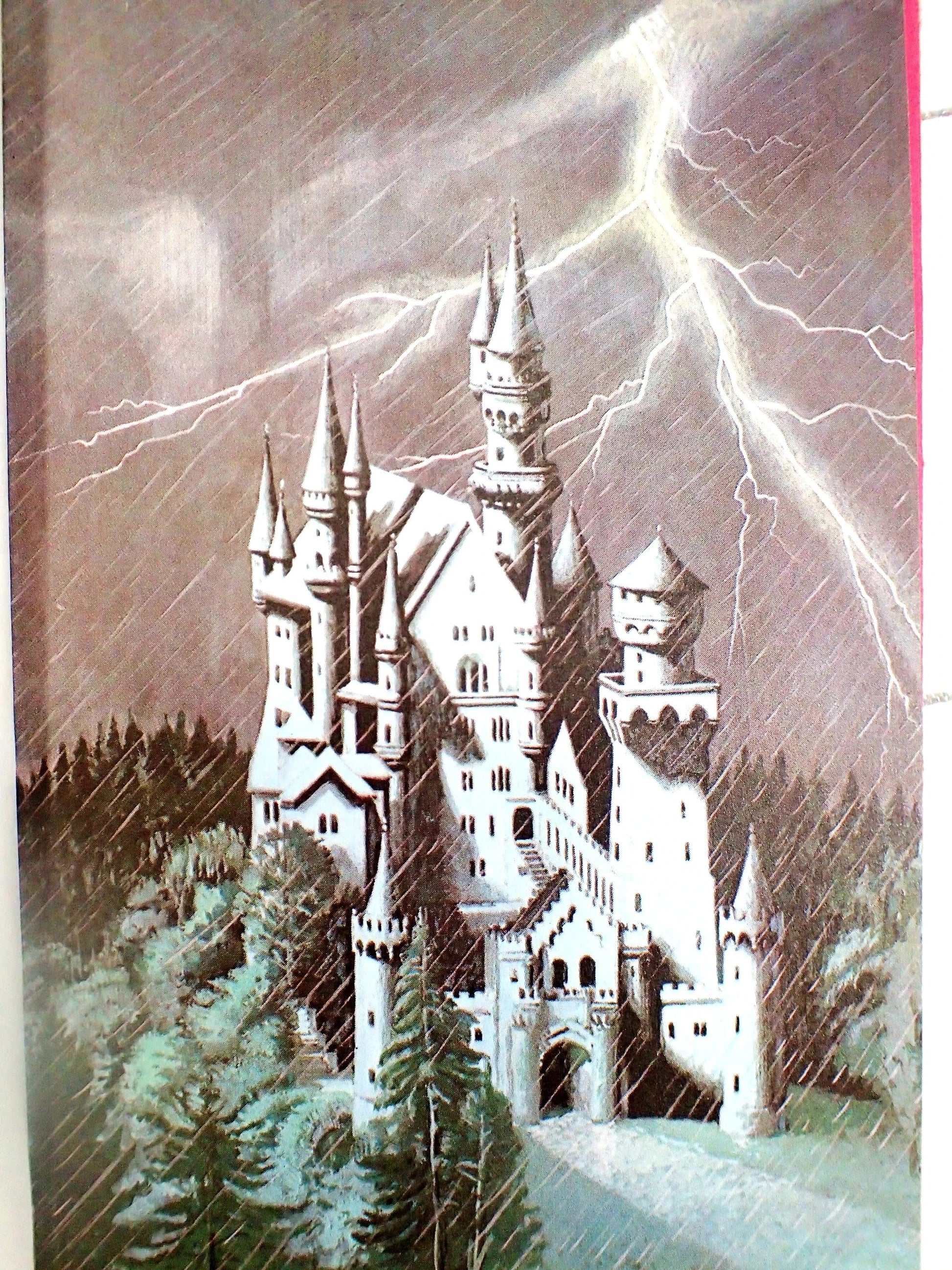 Fairytale Castle in a storm with lightning. 