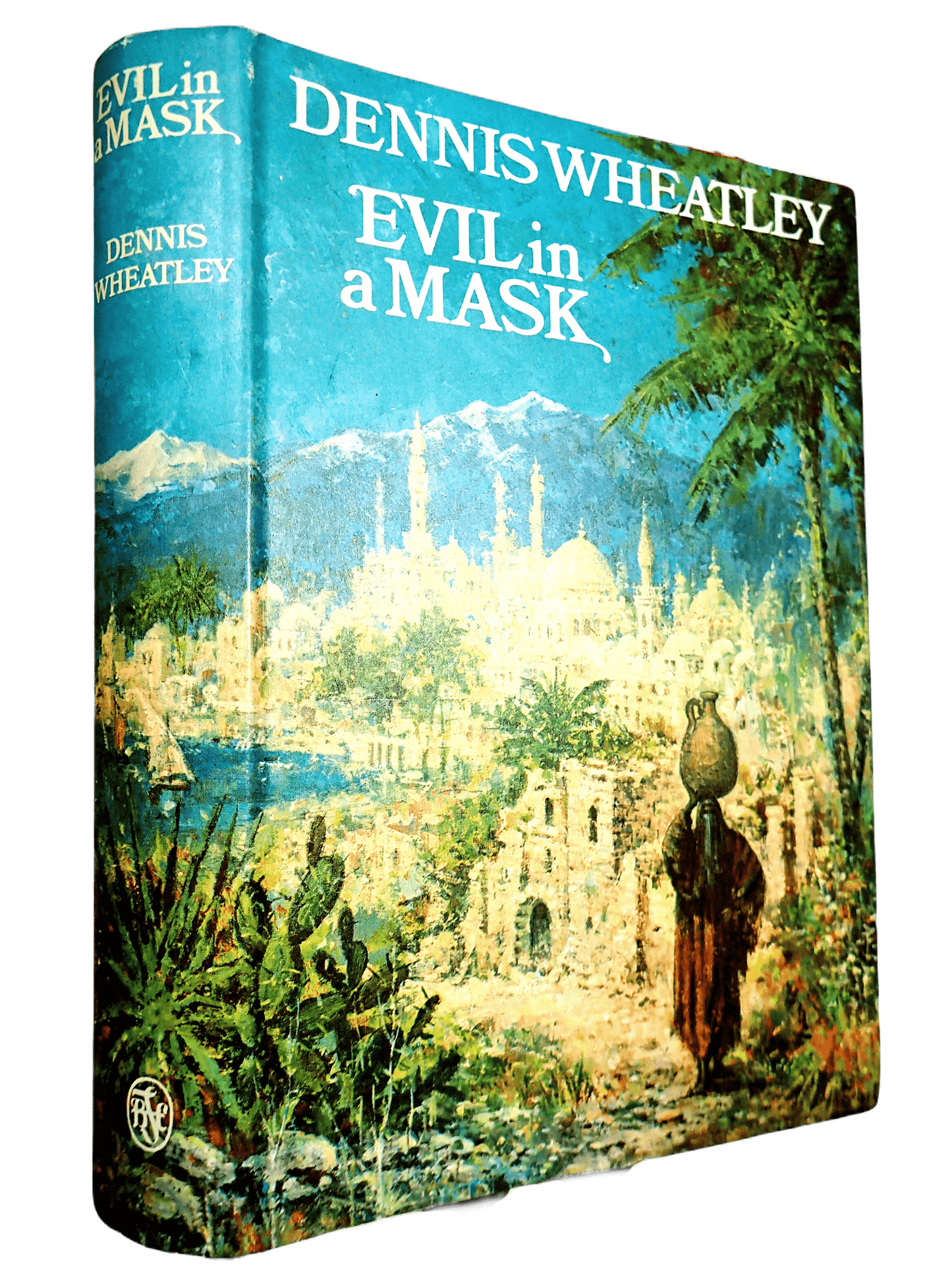 Front cover of Evil in a Mask Dennis Wheatley Vintage Book BCA 1960's Showing a figure walking against an eastern landscape. 