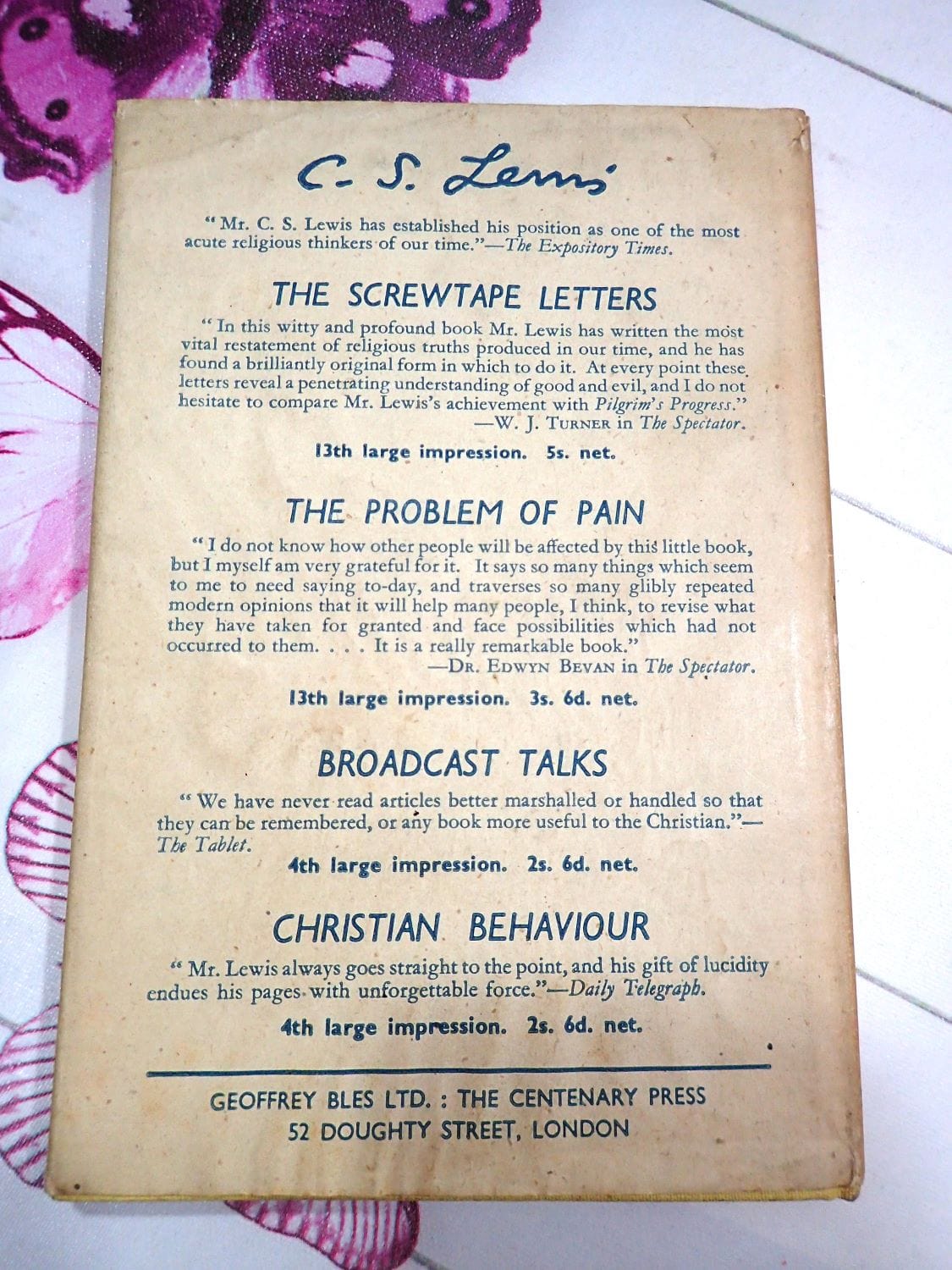 Back cover of First Edition of Beyond Personality by C. S. Lewis Geoffrey Bles