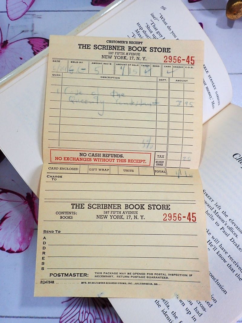 Scribner Book Store New York Receipt for The Case of the Queenly Contestant 1967