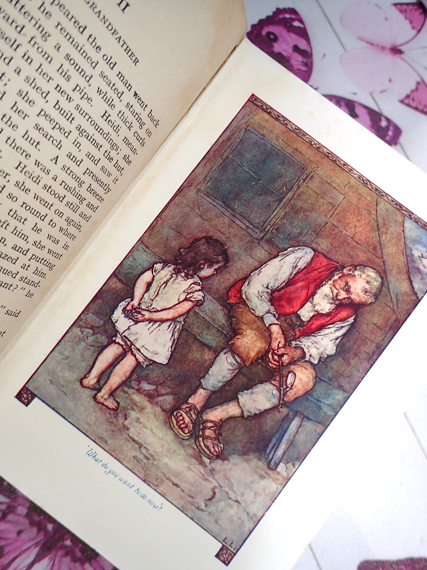 Illustration of Heidi and her grandfather in Favourite Classic Book Heidi vintage 1930's illustrated edition.