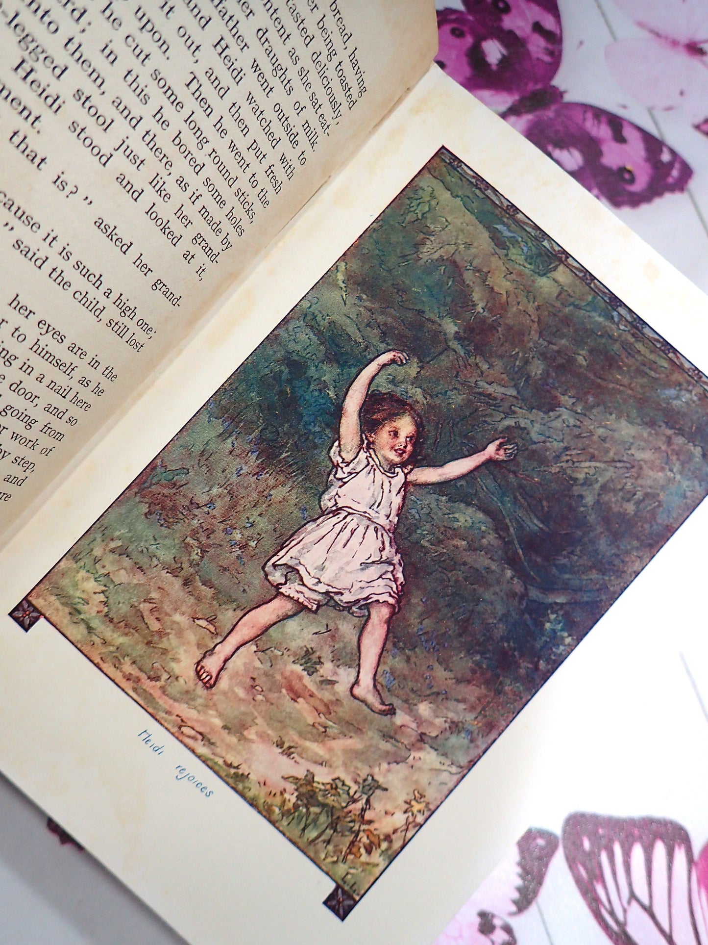 Illustration of Heidi dancing in Favourite Classic Book Heidi Johanna Spyri vintage 1930's illustrated edition.