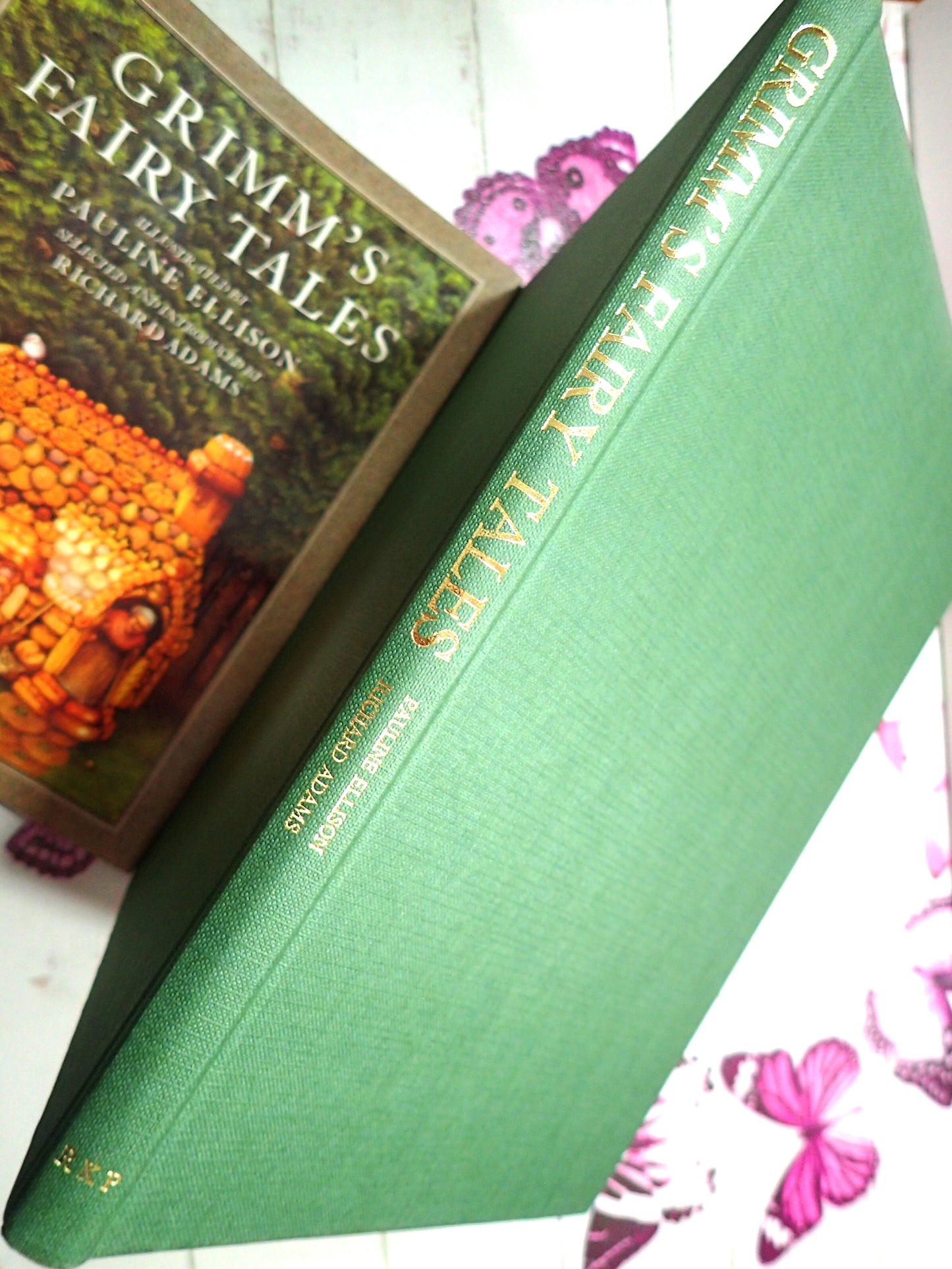 Green Cloth binding and gilt titles of Grimms-Fairy-Tales-Richard-Adams-Vintage_Book 