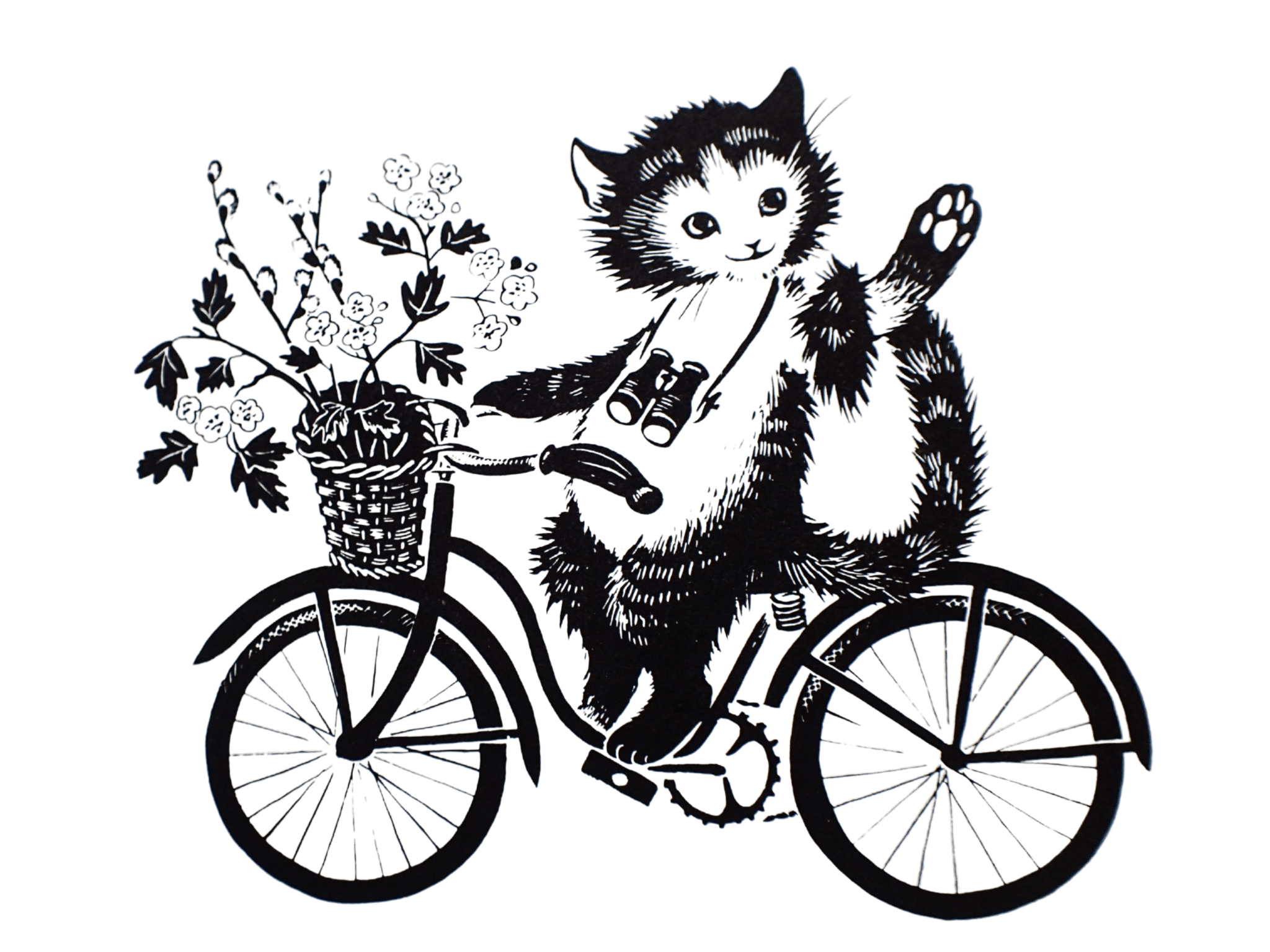 Kittys Tales delivery. Cute cat on a bicycle with basket of flowers and binoculars waving.