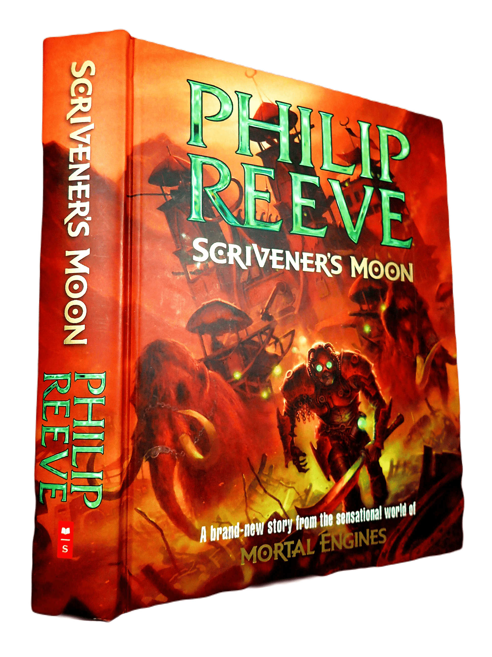 Cover of Scrivener's Moon Philip Reeve Signed book First Edition showing weird figures with glowing eyes and mammoths