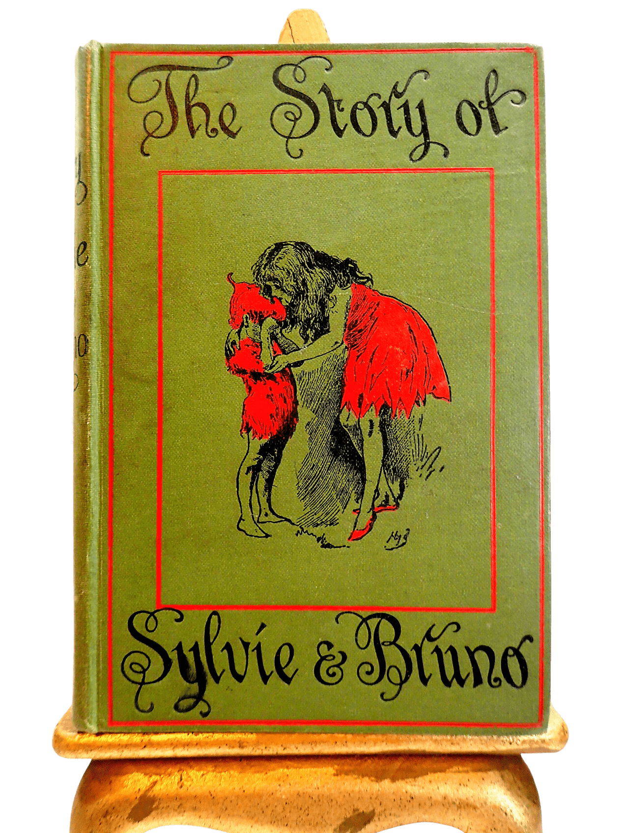 Front Cover of The Story of Sylvie and Bruno Lewis Carroll Vintage Green and Red Hardback Book Macmillan showing Sylvie tallking to a fairy