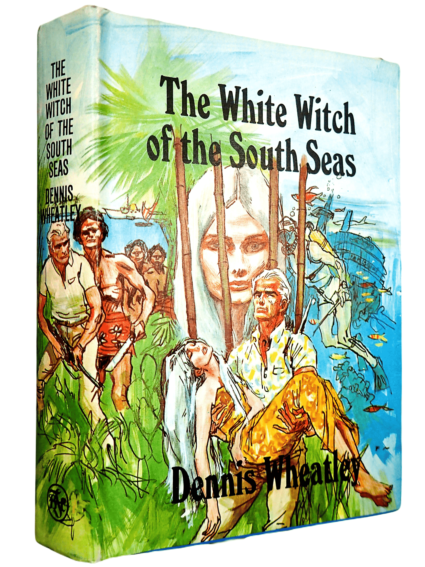 Front cover of The White Witch of the South Seas Dennis Wheatley 1960's Vintage Book First Edition Hardback BCA showing a handsome man carrying an elegant woman with long white hair. 