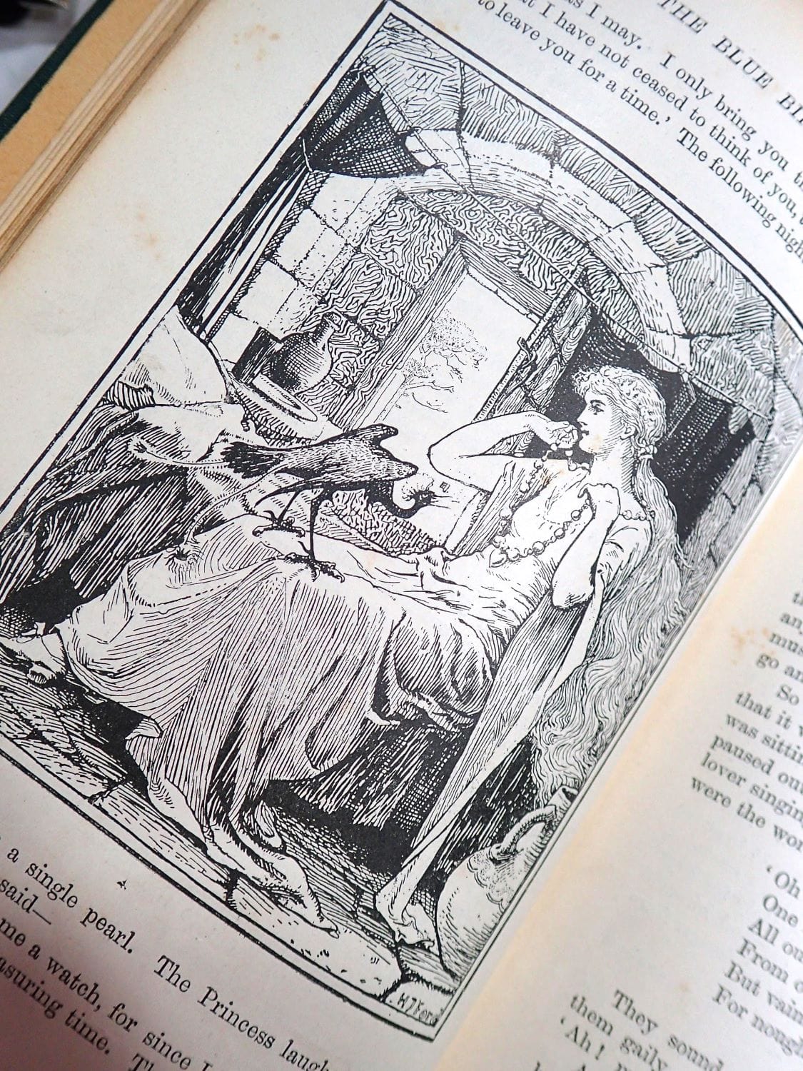 Illustration of a maiden with a bird in The Green Fairy Book by Andrew Lang Antique Edition 1895