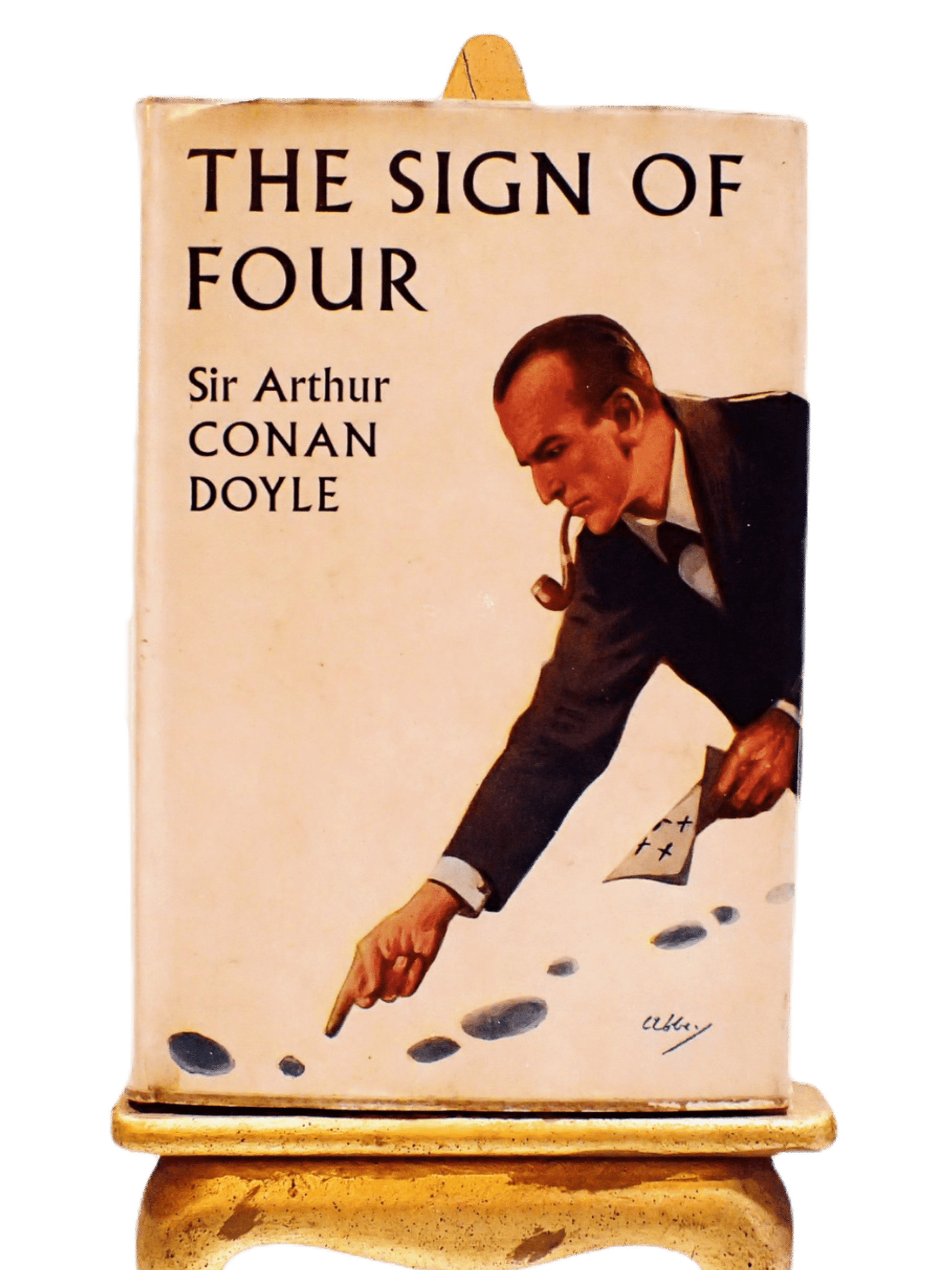 Front Cover of The Sign of the Four Arthur Conan Doyle showing the detective pointing to footsteps. 