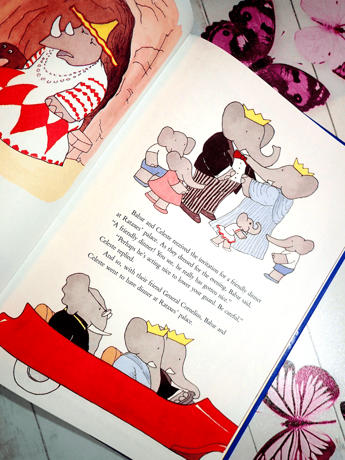 Babar the Elephant and Celeste in a car in Babar's Battle Laurent De Brunhoff Classic Vintage Children's book Elephants first edition thus