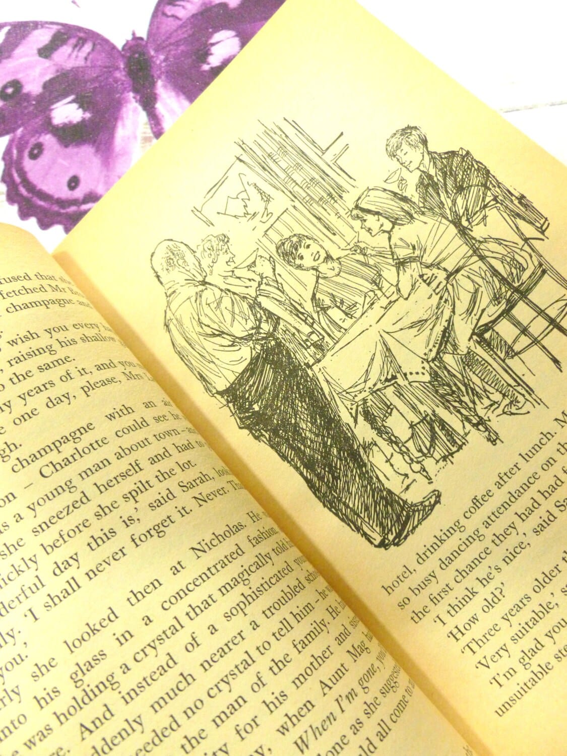 Page showing black and white illustration of children at a table in The Battle of Wednesday Week Sweet Childrens Classic Vintage Puffin Book Paperback 1960s First Edition.